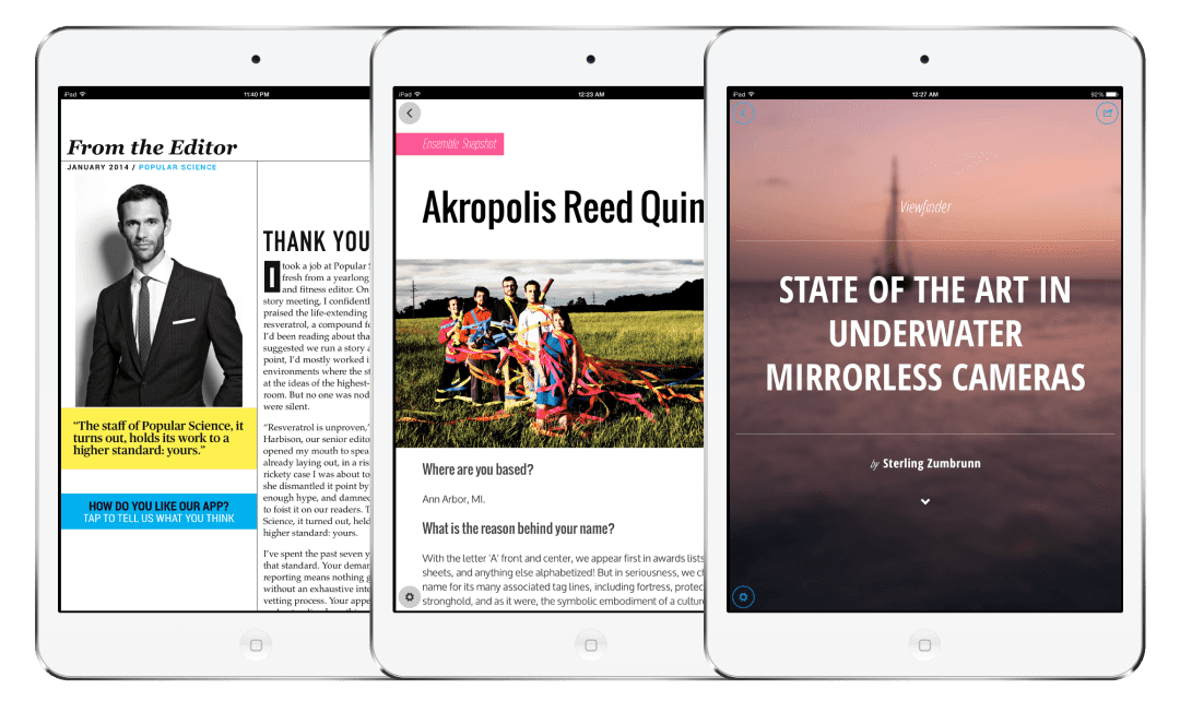 Three TypeEngine-produced publications in context on an iPad