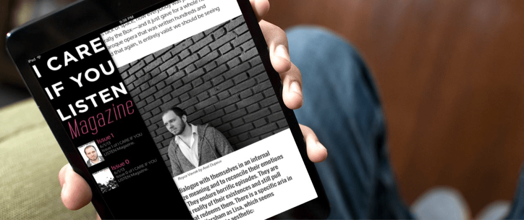 I CARE IF YOU LISTEN magazine on an iPad in portrait mode