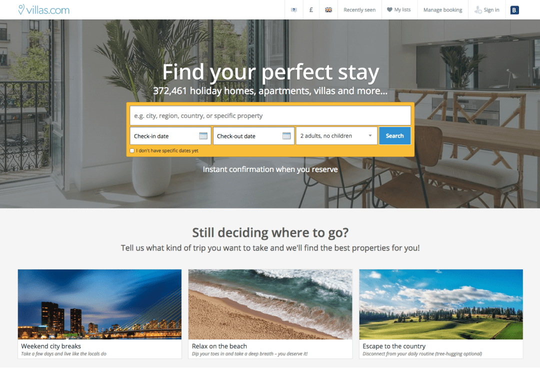 Villas.com home page redesign